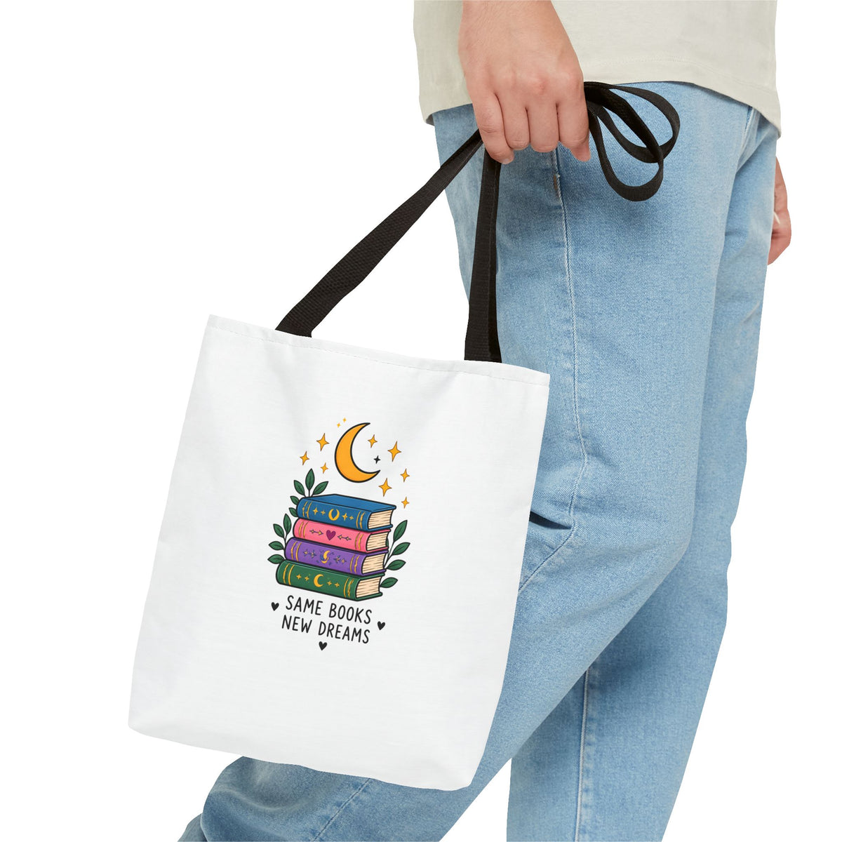 Bookish Moon Tote Bag — "Same Books New Dreams" Literary Canvas Tote