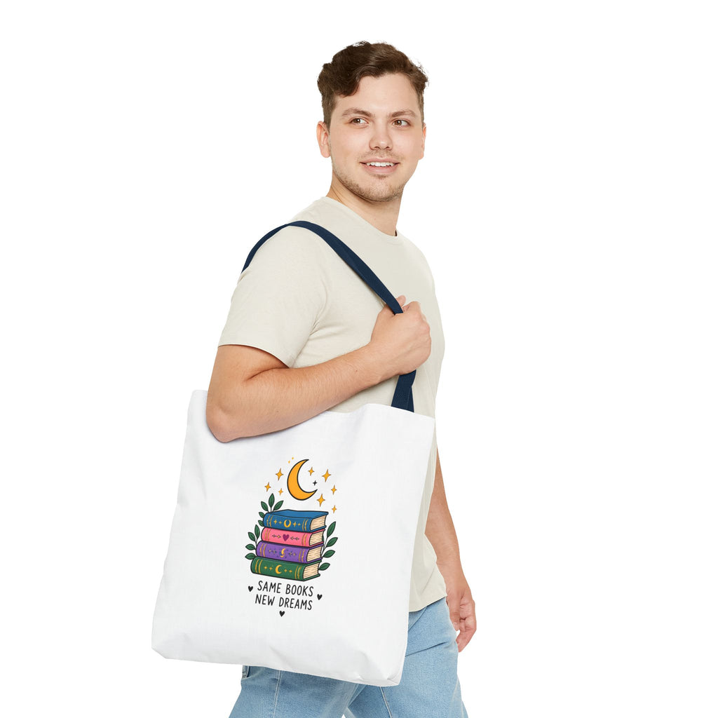 Bookish Moon Tote Bag — "Same Books New Dreams" Literary Canvas Tote