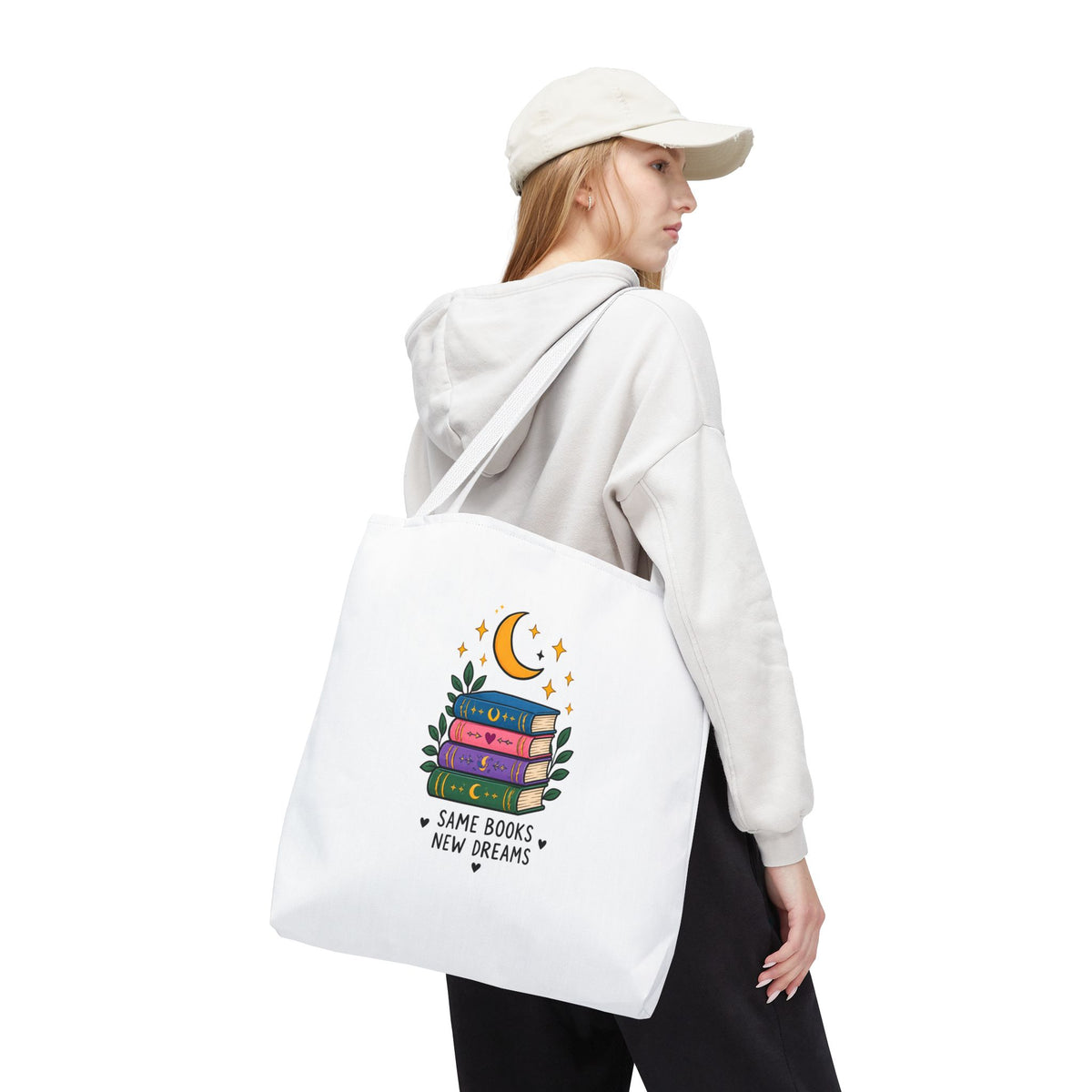 Bookish Moon Tote Bag — "Same Books New Dreams" Literary Canvas Tote