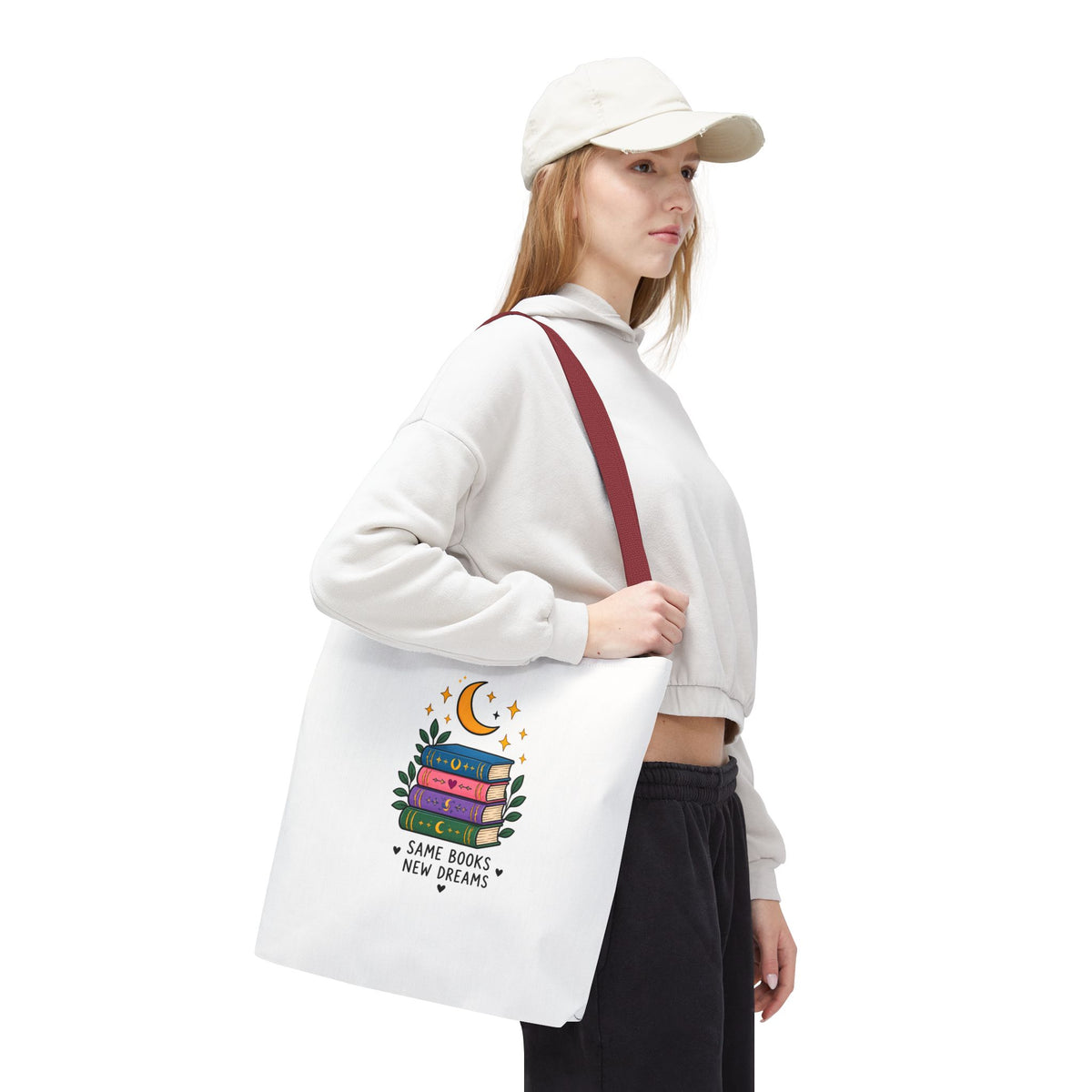 Bookish Moon Tote Bag — "Same Books New Dreams" Literary Canvas Tote