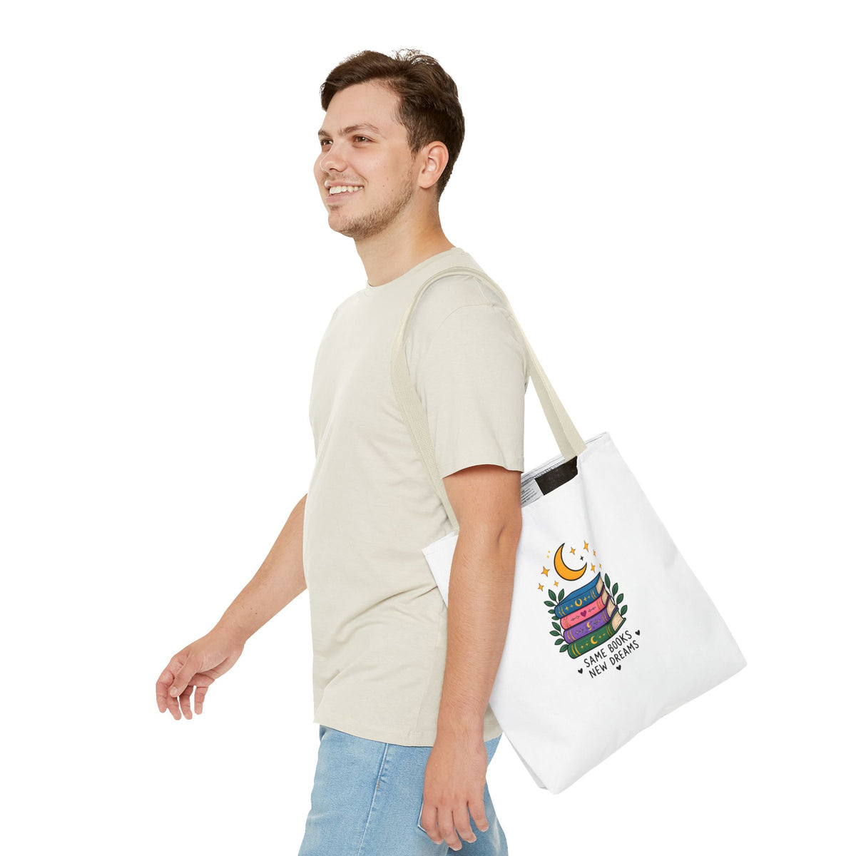 Bookish Moon Tote Bag — "Same Books New Dreams" Literary Canvas Tote