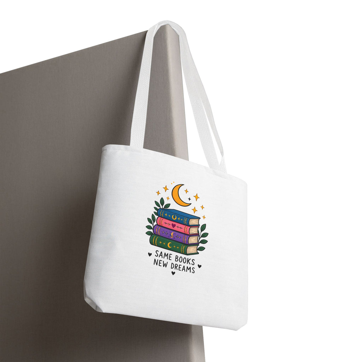 Bookish Moon Tote Bag — "Same Books New Dreams" Literary Canvas Tote