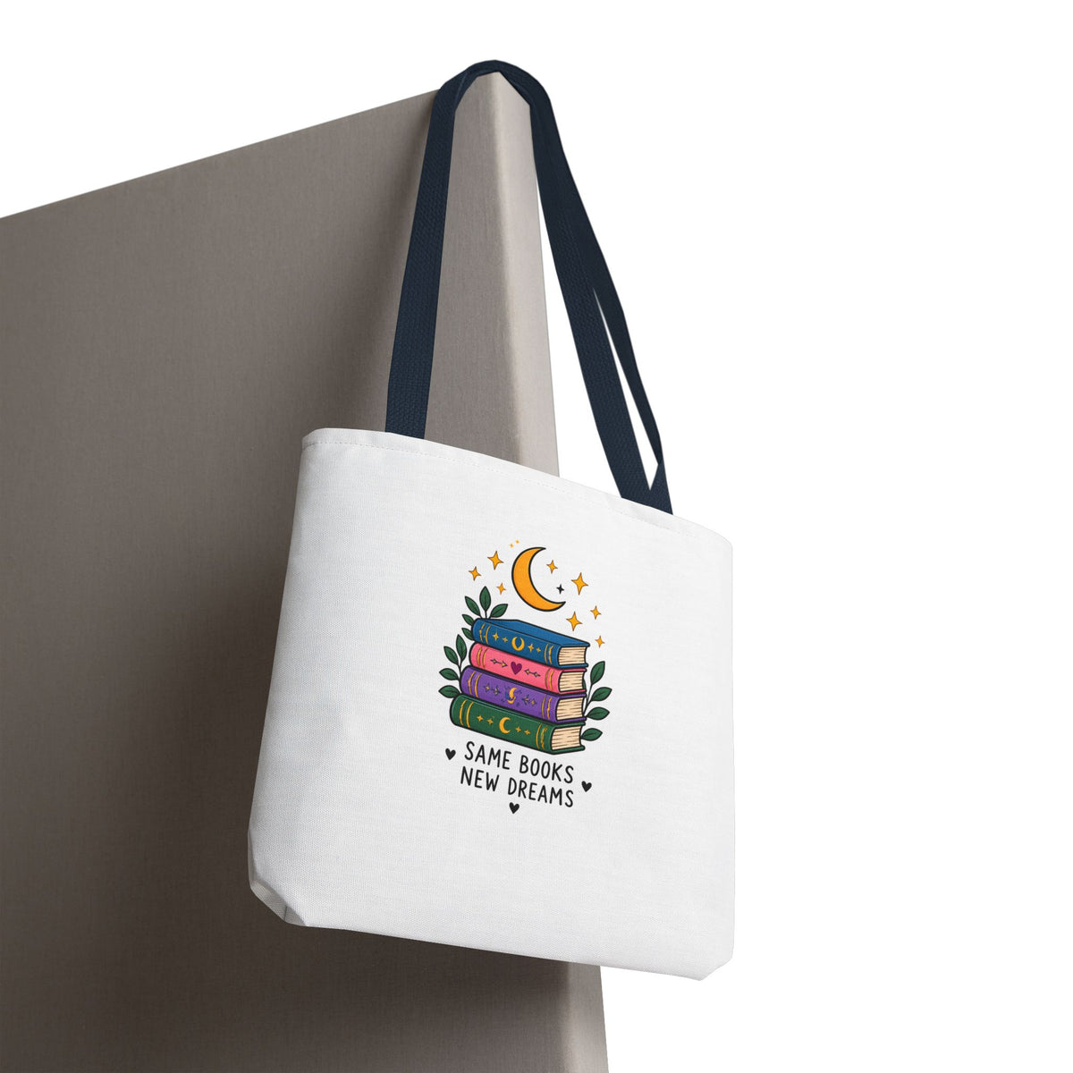 Bookish Moon Tote Bag — "Same Books New Dreams" Literary Canvas Tote