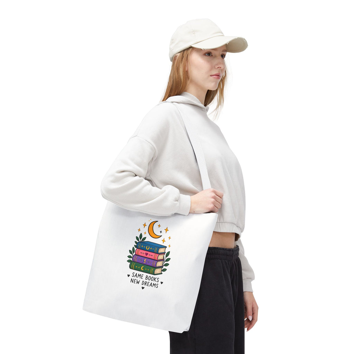 Bookish Moon Tote Bag — "Same Books New Dreams" Literary Canvas Tote