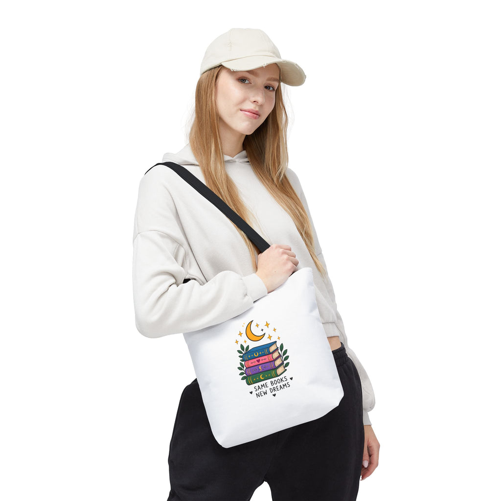 Bookish Moon Tote Bag — "Same Books New Dreams" Literary Canvas Tote