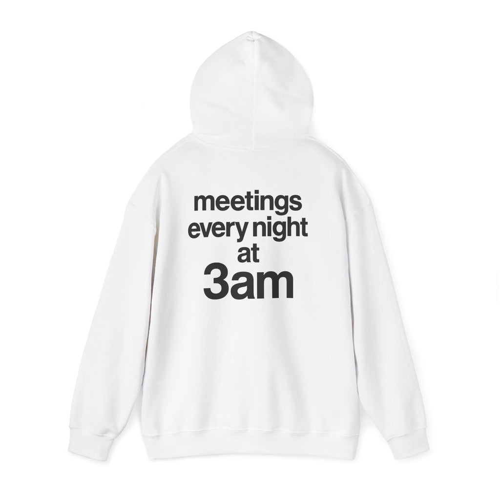 Meetings Every Night Hoodie with front and back print | Multiple Colors