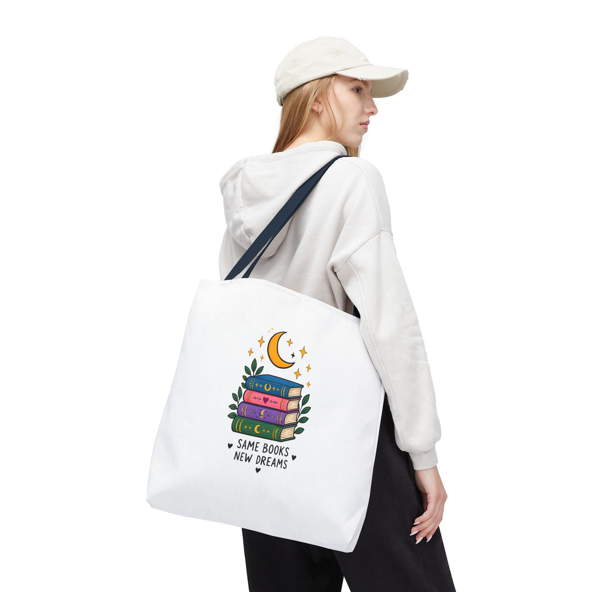 Bookish Moon Tote Bag — "Same Books New Dreams" Literary Canvas Tote