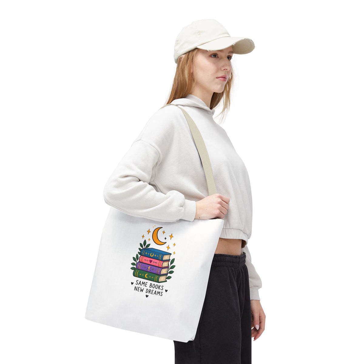 Bookish Moon Tote Bag — "Same Books New Dreams" Literary Canvas Tote