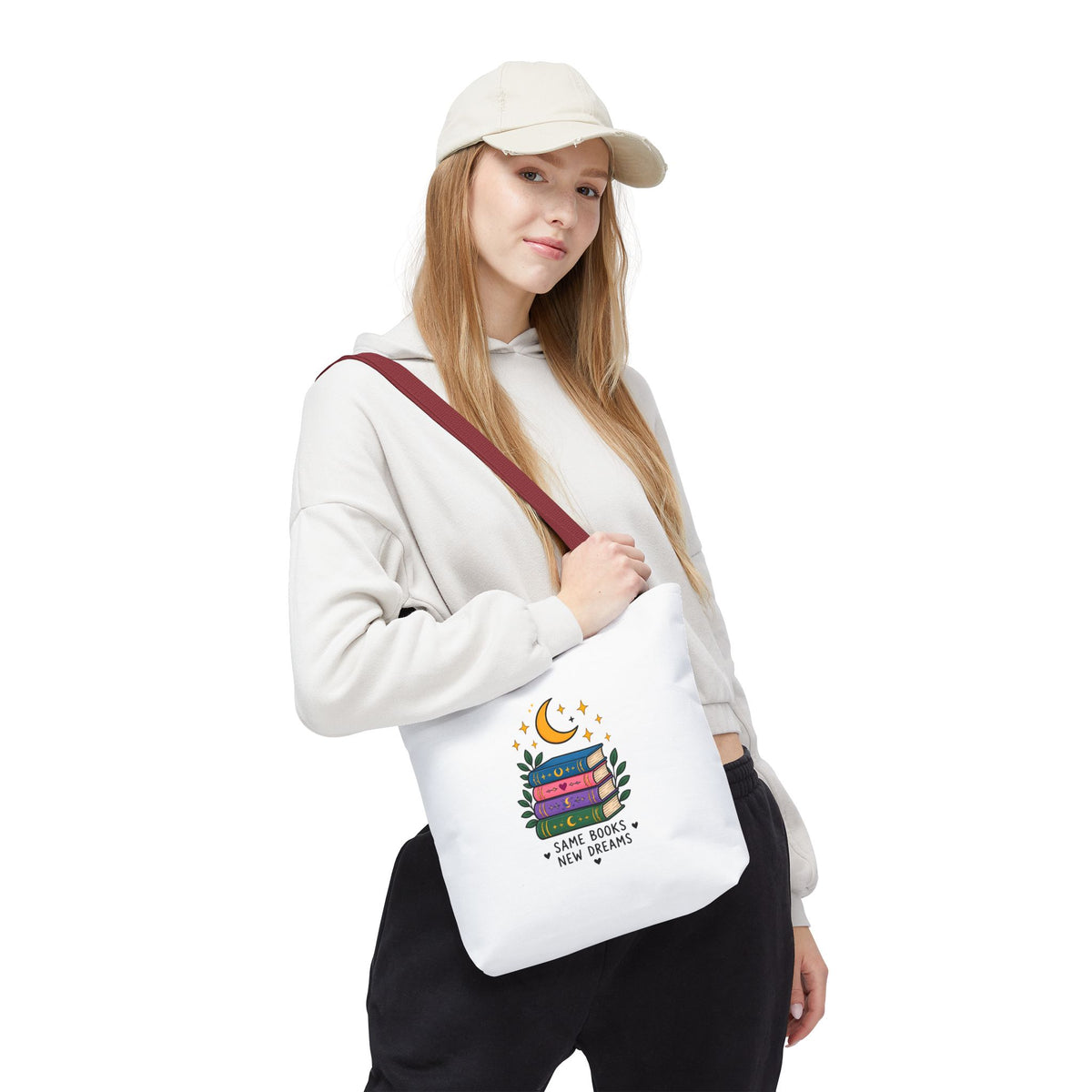 Bookish Moon Tote Bag — "Same Books New Dreams" Literary Canvas Tote