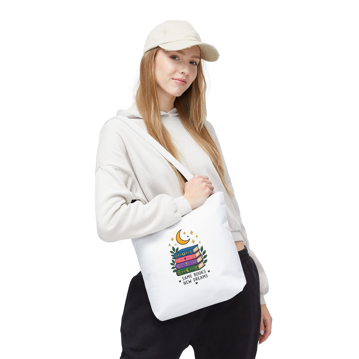 Bookish Moon Tote Bag — "Same Books New Dreams" Literary Canvas Tote