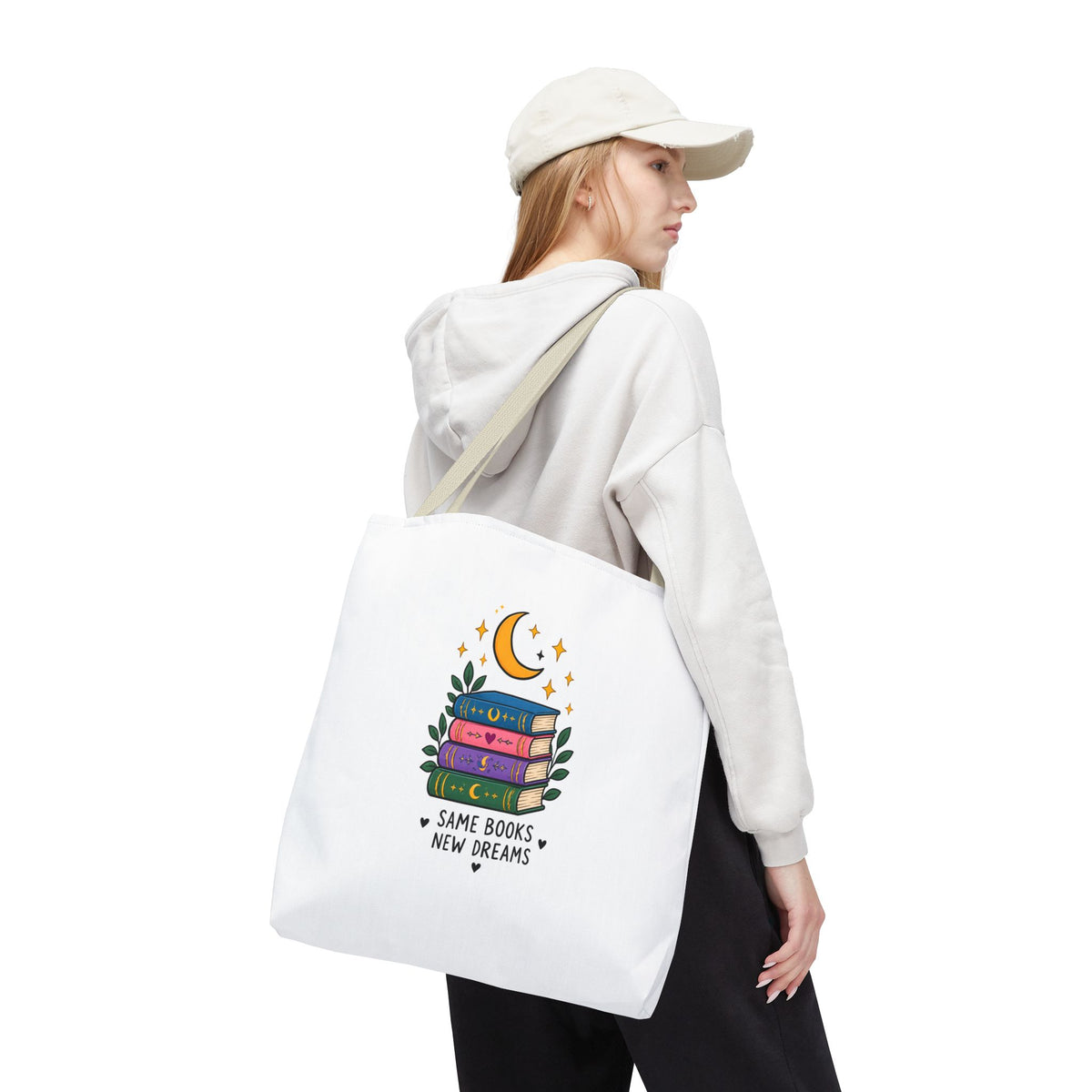 Bookish Moon Tote Bag — "Same Books New Dreams" Literary Canvas Tote
