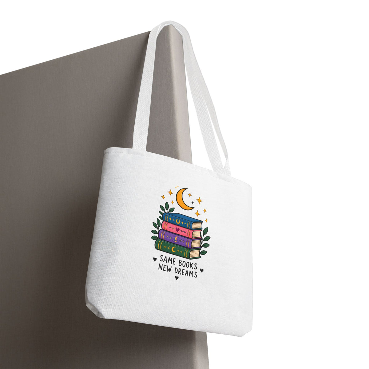 Bookish Moon Tote Bag — "Same Books New Dreams" Literary Canvas Tote