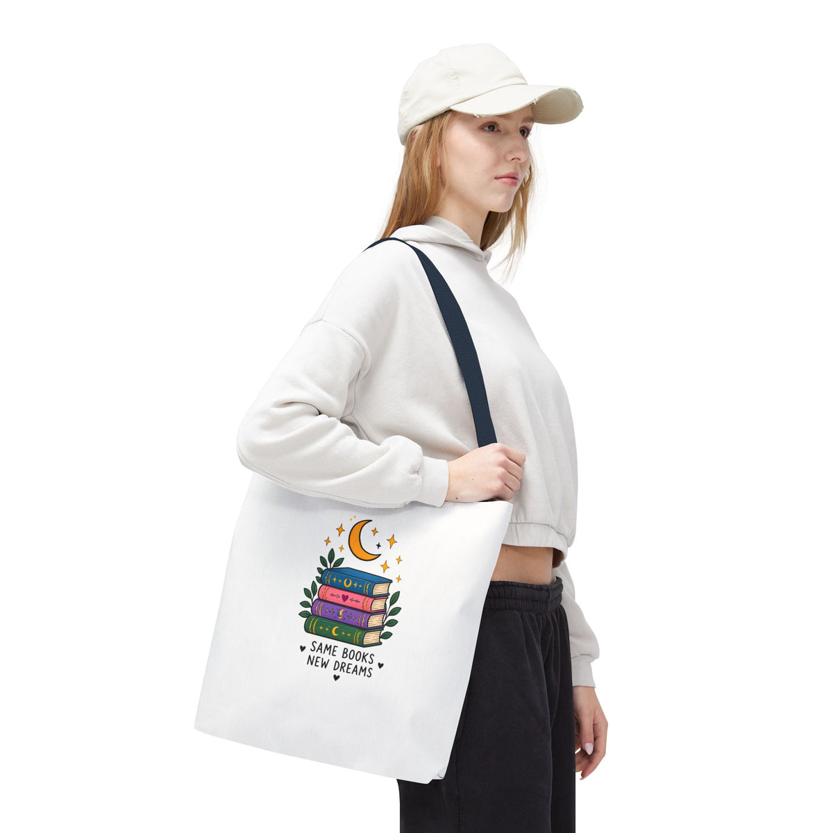 Bookish Moon Tote Bag — "Same Books New Dreams" Literary Canvas Tote