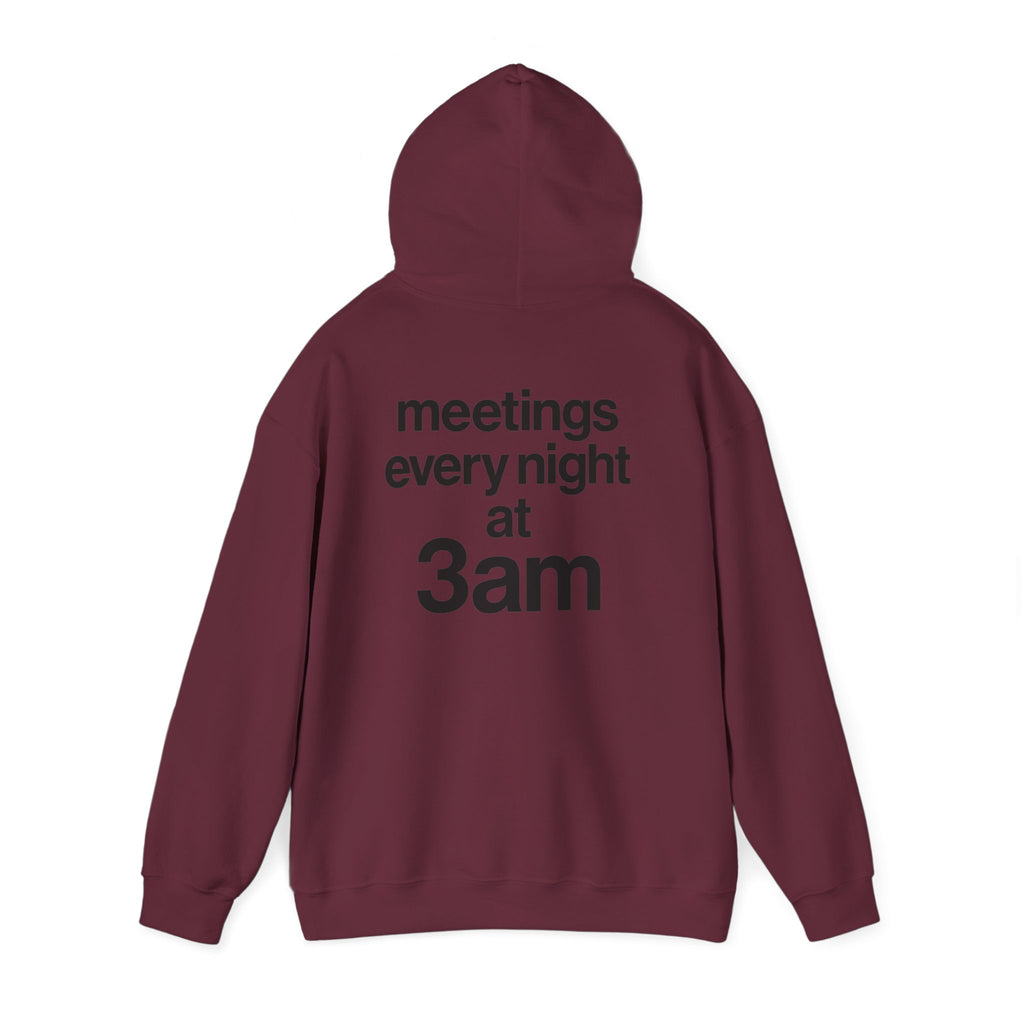 Meetings Every Night Hoodie with front and back print | Multiple Colors