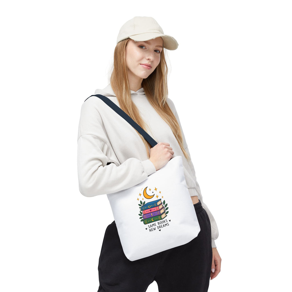 Bookish Moon Tote Bag — "Same Books New Dreams" Literary Canvas Tote