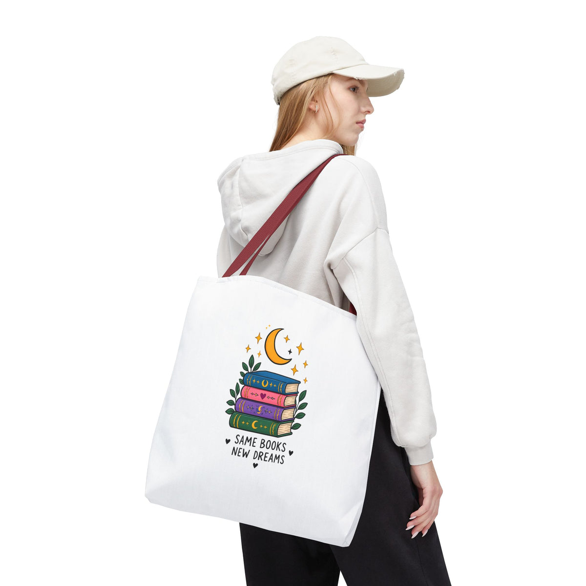 Bookish Moon Tote Bag — "Same Books New Dreams" Literary Canvas Tote