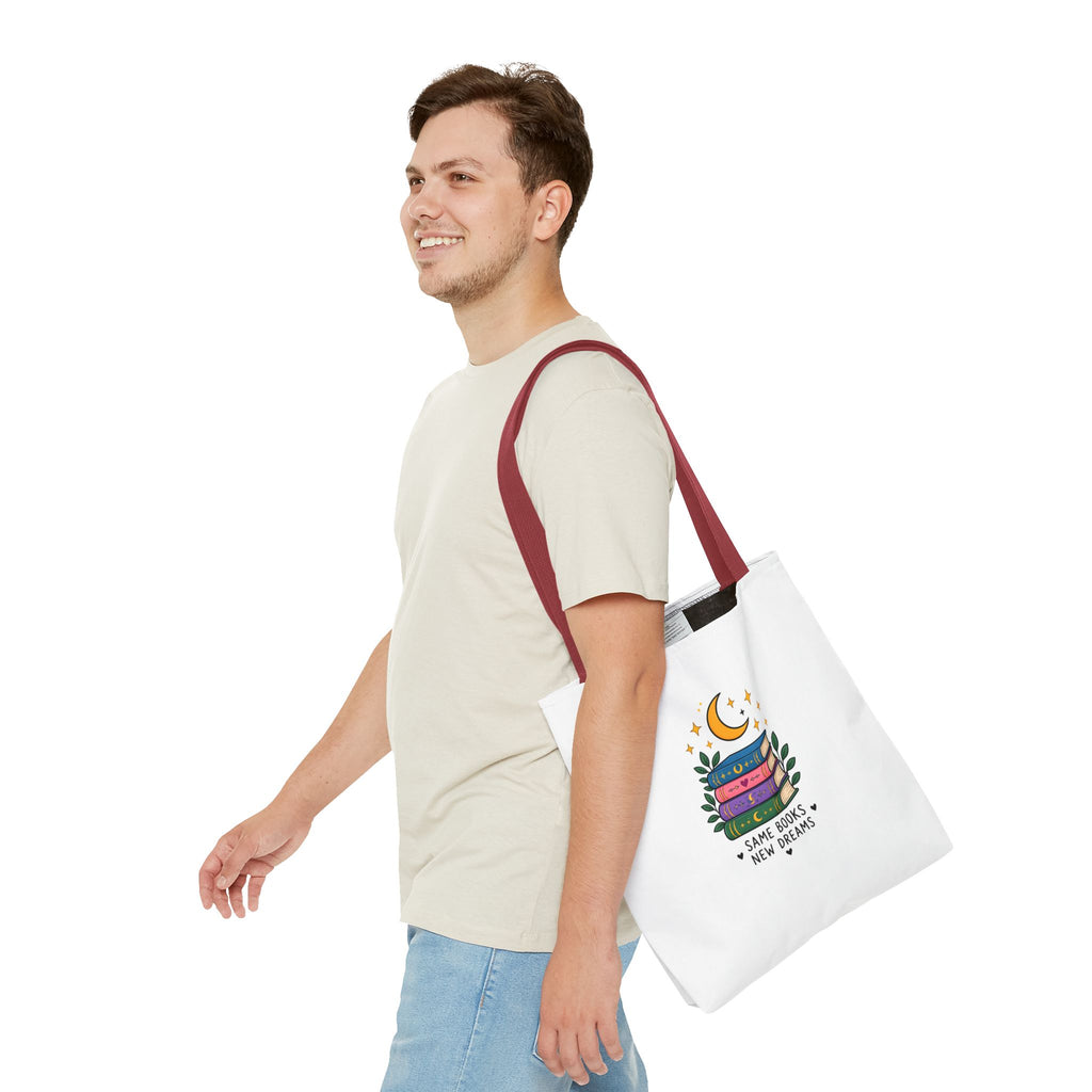 Bookish Moon Tote Bag — "Same Books New Dreams" Literary Canvas Tote