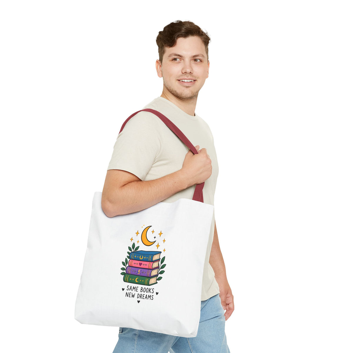 Bookish Moon Tote Bag — "Same Books New Dreams" Literary Canvas Tote