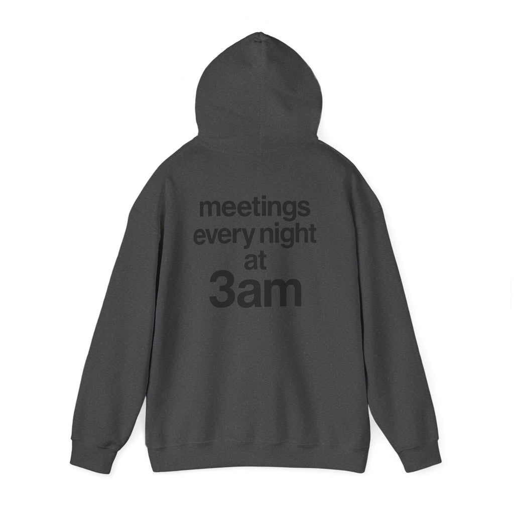 Meetings Every Night Hoodie with front and back print | Multiple Colors