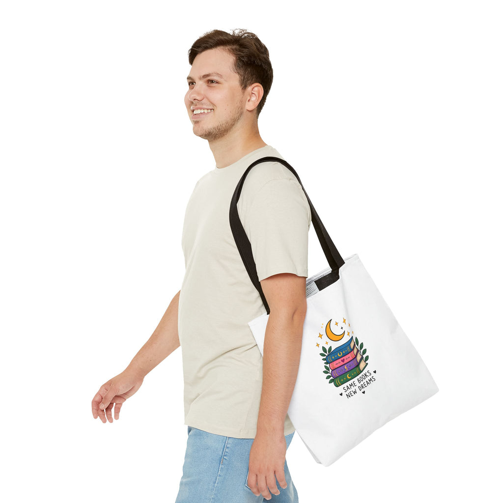 Bookish Moon Tote Bag — "Same Books New Dreams" Literary Canvas Tote