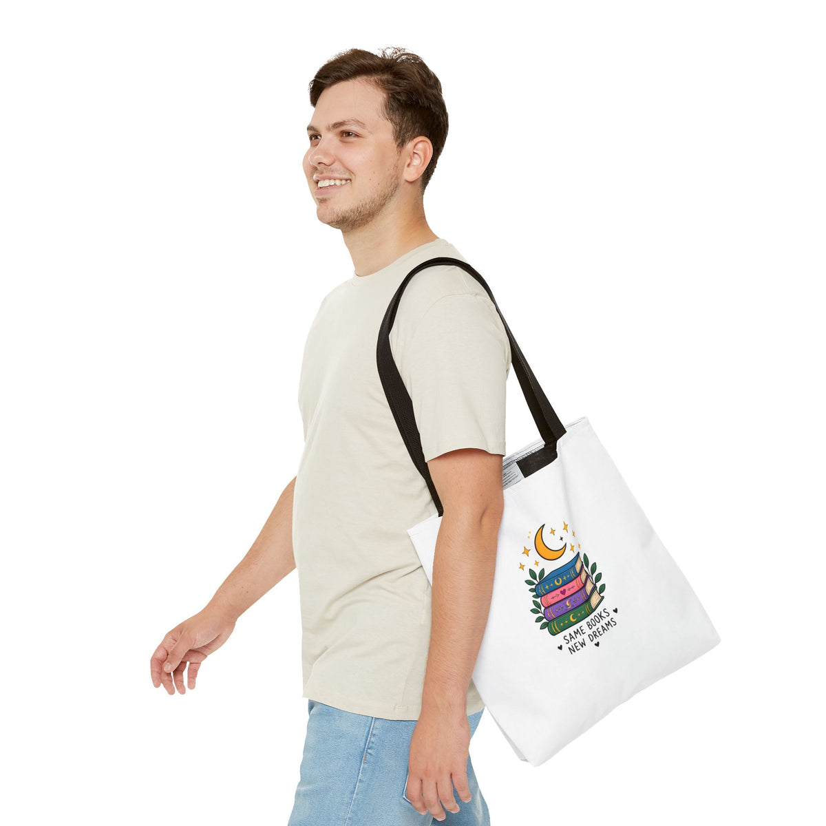 Bookish Moon Tote Bag — "Same Books New Dreams" Literary Canvas Tote