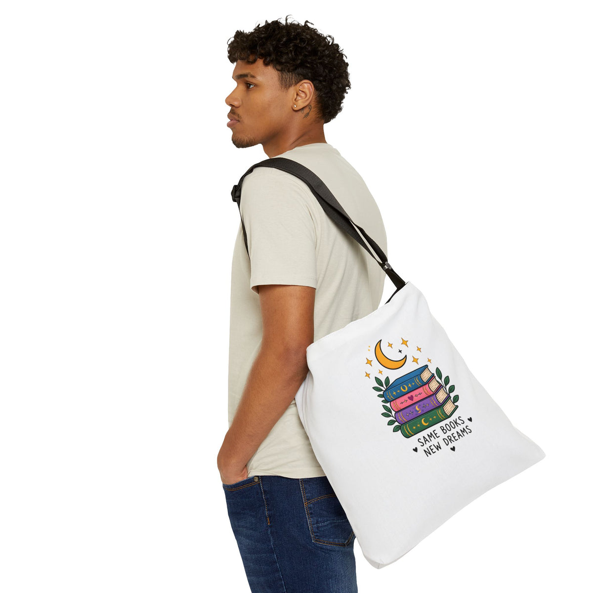 Book Lover Adjustable Tote Bag — "Same Books New Dreams"