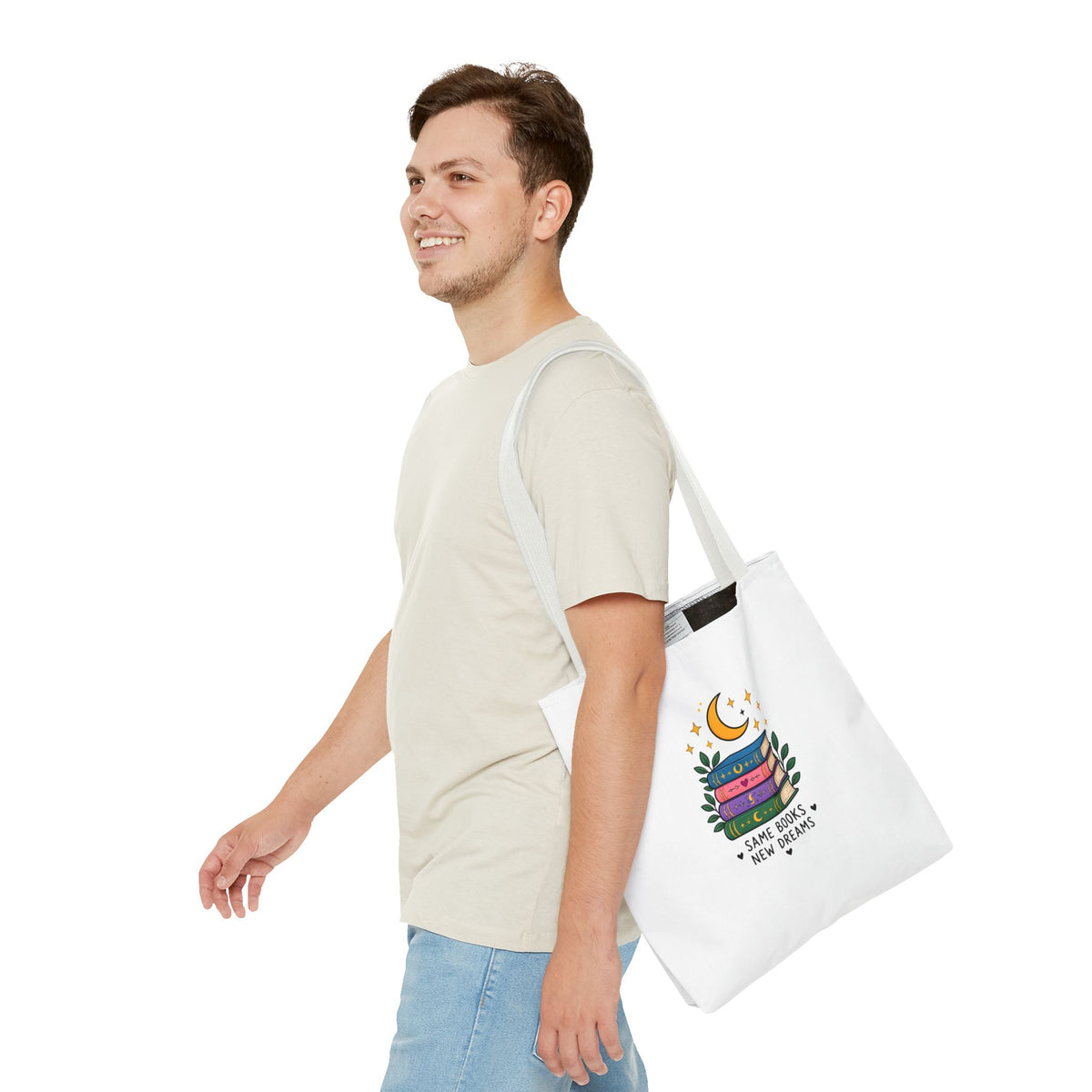 Bookish Moon Tote Bag — "Same Books New Dreams" Literary Canvas Tote