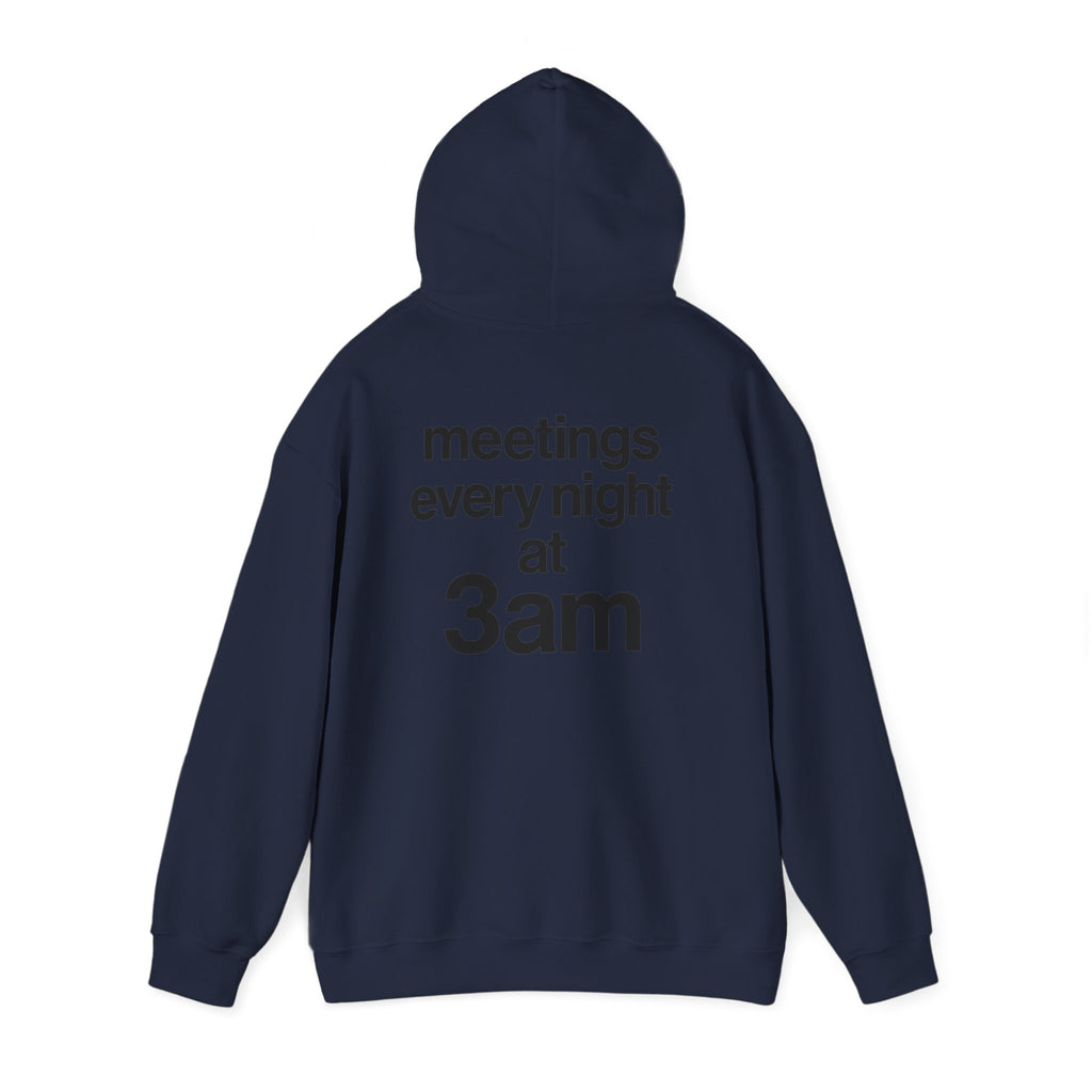 Meetings Every Night Hoodie with front and back print | Multiple Colors