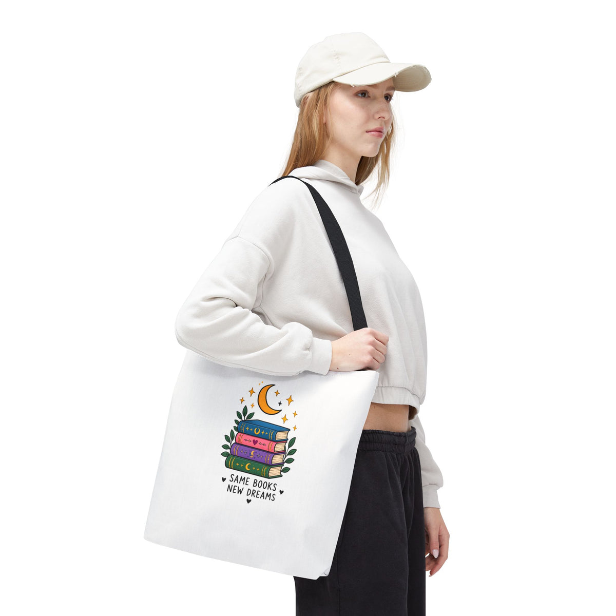 Bookish Moon Tote Bag — "Same Books New Dreams" Literary Canvas Tote