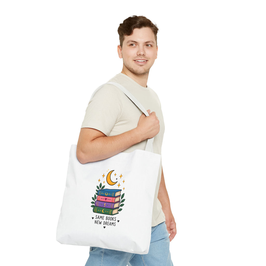 Bookish Moon Tote Bag — "Same Books New Dreams" Literary Canvas Tote