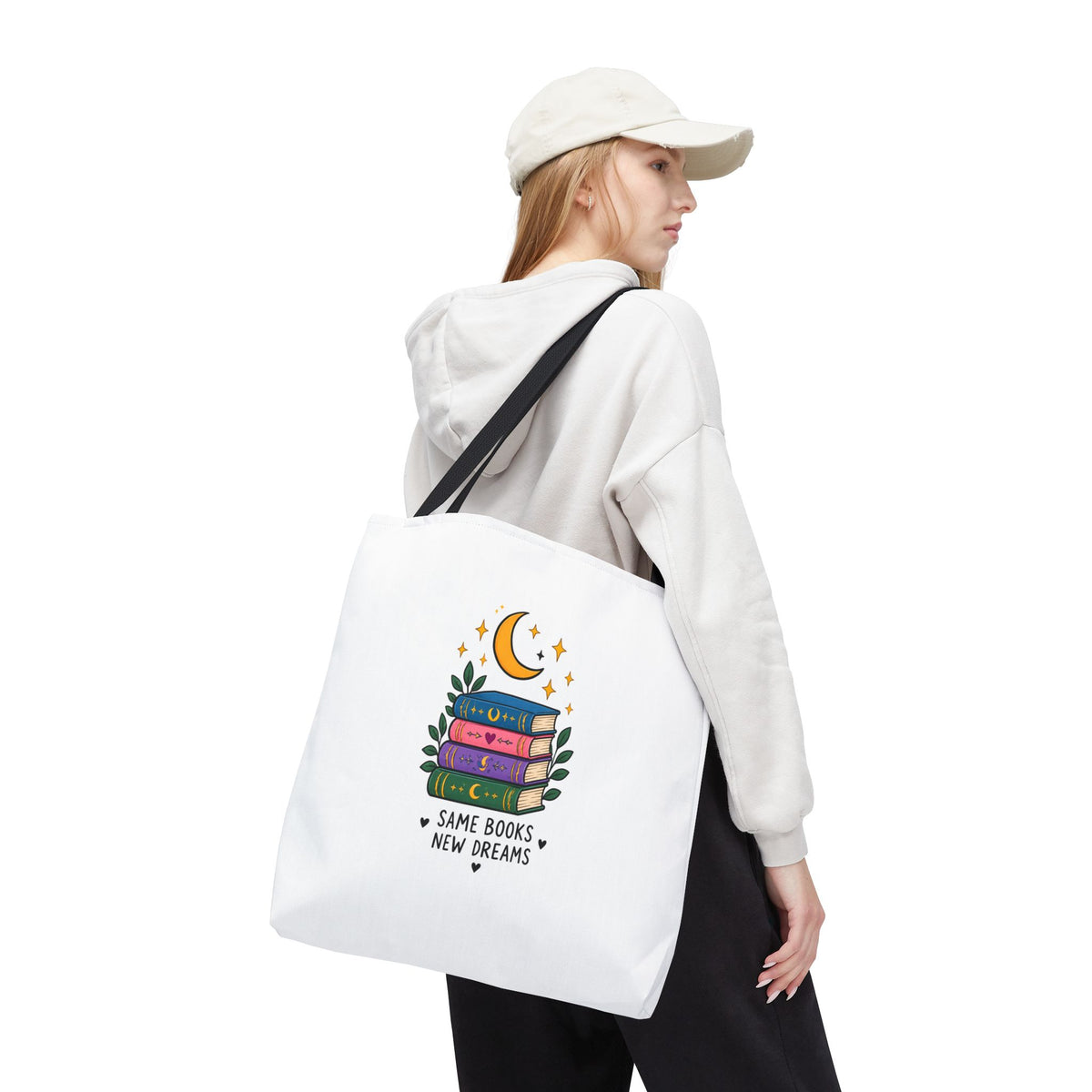 Bookish Moon Tote Bag — "Same Books New Dreams" Literary Canvas Tote