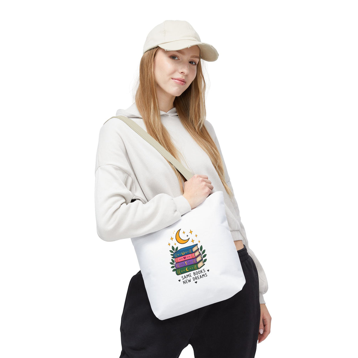 Bookish Moon Tote Bag — "Same Books New Dreams" Literary Canvas Tote